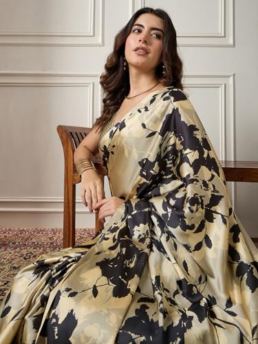 Image of AKHILAM Women's Multicolor Satin Silk Floral Printed Saree With Unstitched Blouse (SATIN1403 RJ11 Parent)