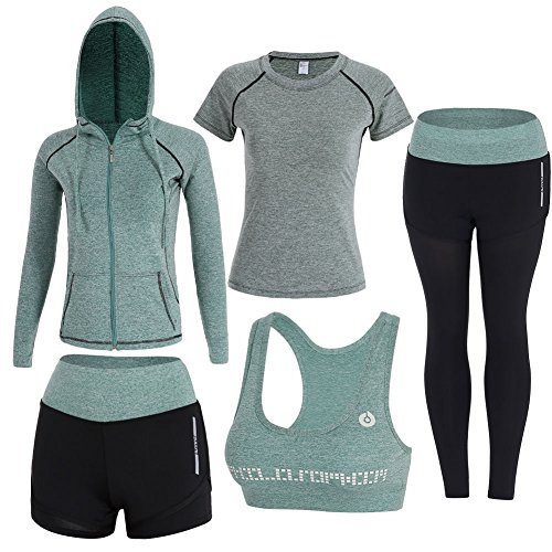 ZETIY Women's 5pcs Sport Suits Fitness Yoga Running Athletic Tracksuits (XL, Green)