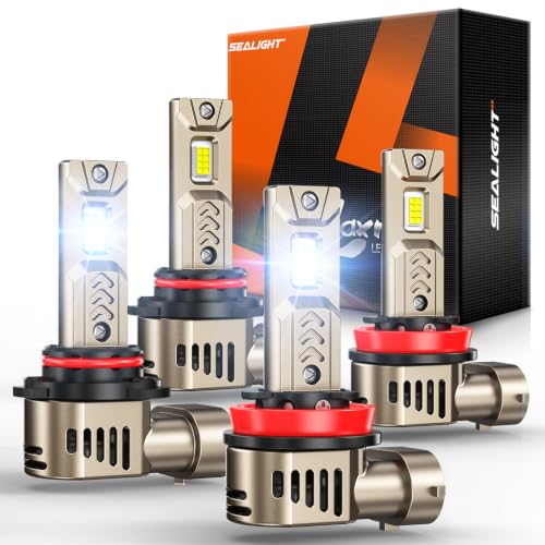 SEALIGHT 9005/HB3 H11/H9/H8 LED Bulbs Combo 90000LM Brighter than Original Bulb 6500K Daylight White 25000RPM Cooling Fan with IP68 Waterproof 70000Hrs  Pack of 4