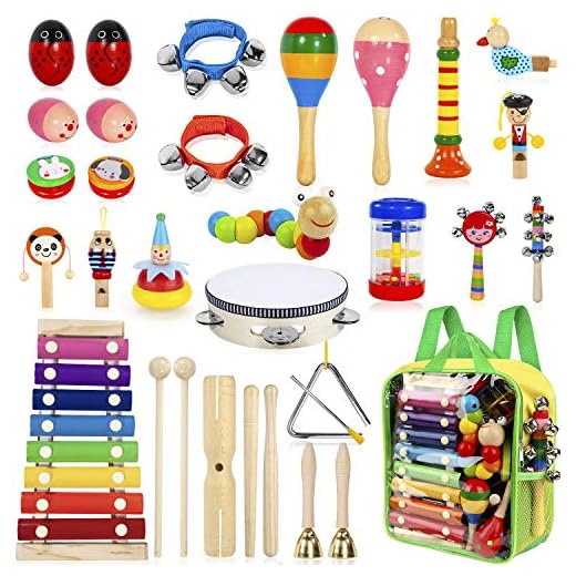 KAQINU 30 Stück Musikinstrumente Musical Instruments Set, Holz Percussion Set Schlagzeug Schlagwerk Rhythm Toys Musik Kinderspielzeug für Kleinkinder