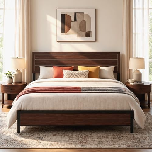 Image of LIKIMIO King Bed Frame and Headboard, Mid-Century Modern King Platform Bed, Heavy Duty Silent Metal Slats, No Box Spring Needed, Noise-Free, Dark Walnut