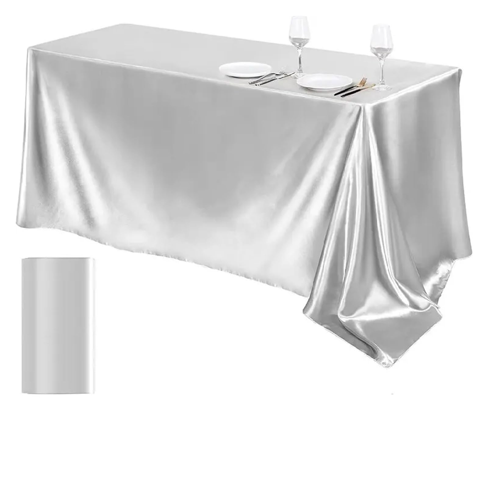 Srebrny satynowy obrus na wesele, kolację, przyjęcie, bankiet, dekoracja, 145 x 335 cm, elegancki obrus na stół, miękki jedwab, jakość premium, 1 sztuka