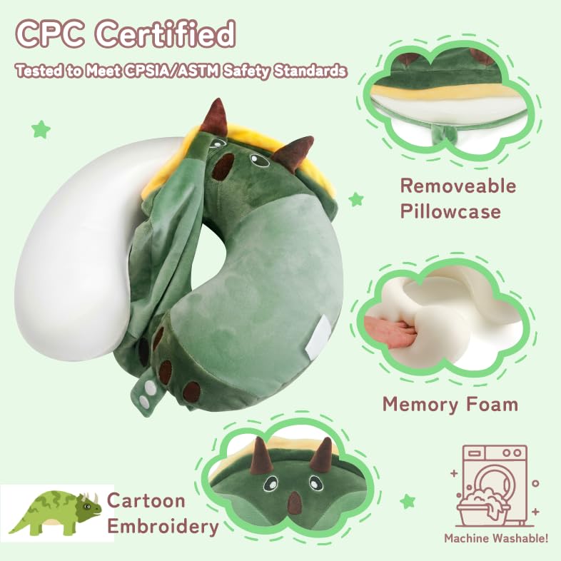 Image of Kids Travel Neck Pillow for Ages 3-8 with Memory Foam, Dinosaur | Removable cover, 13 in neck size, machine washable, hidden zipper, head and chin support, car seat and airplane use