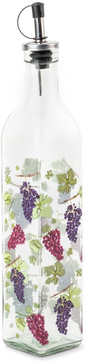 Core Kitchen Printed Grape Vines 16.9 Ounce (500 Milliliter) Durable Glass Vinegar Oil Cruet Dispenser Bottle with Rubber Seal Stainless Steel Pour Spout, Cooking & Baking Tool, 44705