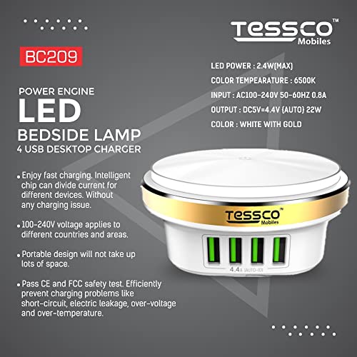 Image of (Tessco BC-209) 4 Port Multi USB Wall Charger Hub (22 W / 4.4A) with Auto-ID & Night Light - Compatible with Smartphones, Tablets, Camera, Accessories - White