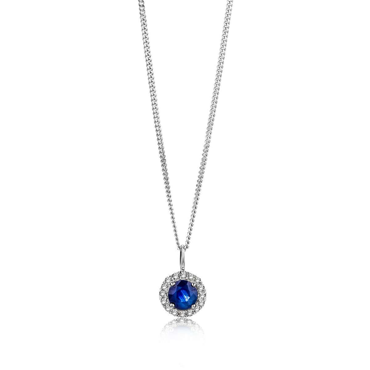 MIORE Collana da donna in oro bianco 9 kt (375) con zaffiro 0,34 carati e diamanti 0,05 ct ciondolo su catena barbazzale 45 cm, Oro Bianco, Diamanti, Zaffiro