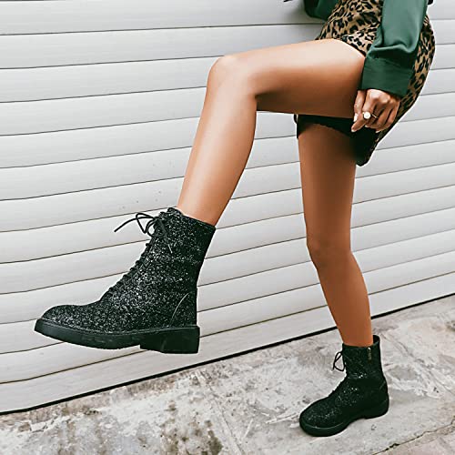 YIYA Women's Lace Up Glitter Sequin Combat Boots Round Toe Chunky Low Heel Side Zipper Sparkly Ankle Booties4