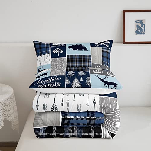 Hunting Bear Deer Quilt, Buffalo Plaid Comforter Set Twin Size Rustic Cabin Patchwork Bedding Set For Kids Boys Teens Adult, Farmhouse Cowboy Woodland Down Comforter With 1 Pillow Case, Blue Grey #TOP4