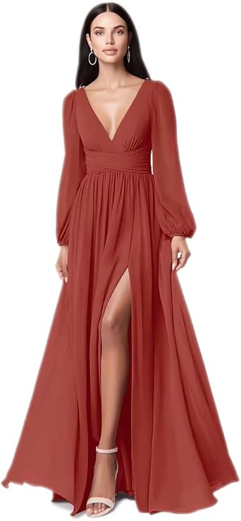 Long Sleeve V-Neck Bridesmaid Dresses A-Line Pleated Chiffon Formal Winter Party Guest Gowns US4 Terracotta
