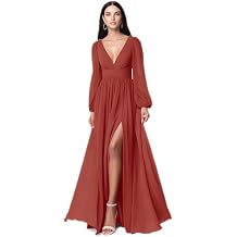 Long Sleeve Chiffon Bridesmaid Dresses for Women A-Line Ruched Formal Wedding Guest Dress