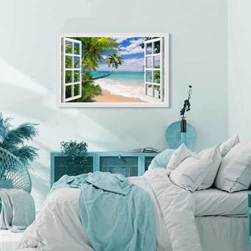 Window Beach Picture Canvas Wall Art Palm Tree Fake Open Window Landscape Print With Framed Ocean Photo Decor For Home Teal Walls Size 36X24 #TOP2