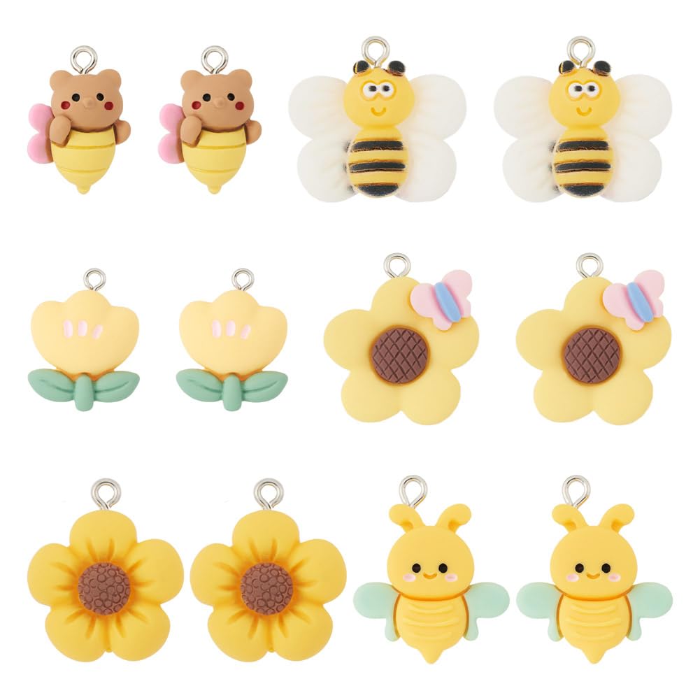 Boutigem 12Pcs Resin Bee Charm Flower Pendant Sunflower Flatback Resin Cabochon for DIY Jewelry Making Crafts — image 1