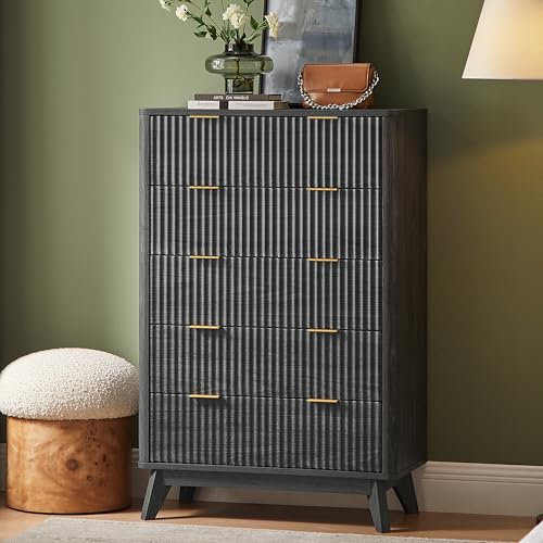 Image of T4TREAM Fluted 5 Drawers Dresser, 48 inch Tall Modern Chest of Drawers, Curved Profile Design, Wood Drawer Organizer for Bedroom, Living Room, Hallway, Entryway, Dark Alder