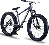 26 Inch Fat Tyre Mountain Bike for Adults, All Terrain Mountain Bike Bicycle with 7-Speed Gears Unisex MTB Men Women Bike w/Front Suspension & Dual Disc Brakes, 90% Pre-Assembled Capacity (Grey)