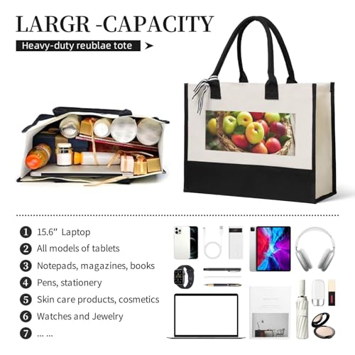 Canvas Tote Bag for Women Beach Tote Purse Reusable Grocery Bag Yellow Green Red Fruits in a Basket Aesthetic Shopping Bags4