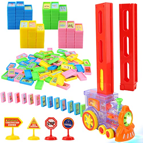 MCPINKY Domino Train Set, 80PCS Super Domino Laying TrainToys Building and Stacking Educational Domino Sets Fun and Colorful Domino Rally Train Set for Kids Birthday Party Favor
