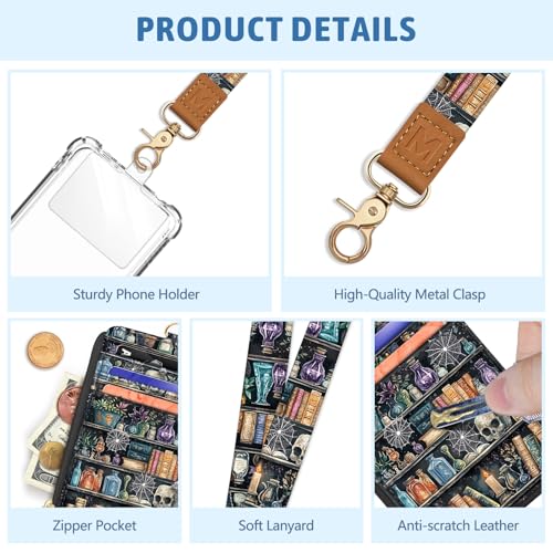 Goth Bookshelf Skull Lanyard Wallet with ID Badge Holder, Witchy Small RFID Wallet Women Keychain Wristlet, Slim Credit Card Holder with Zipper Pocket Phone Lanyard Wrist Strap Name Tag Office Teacher