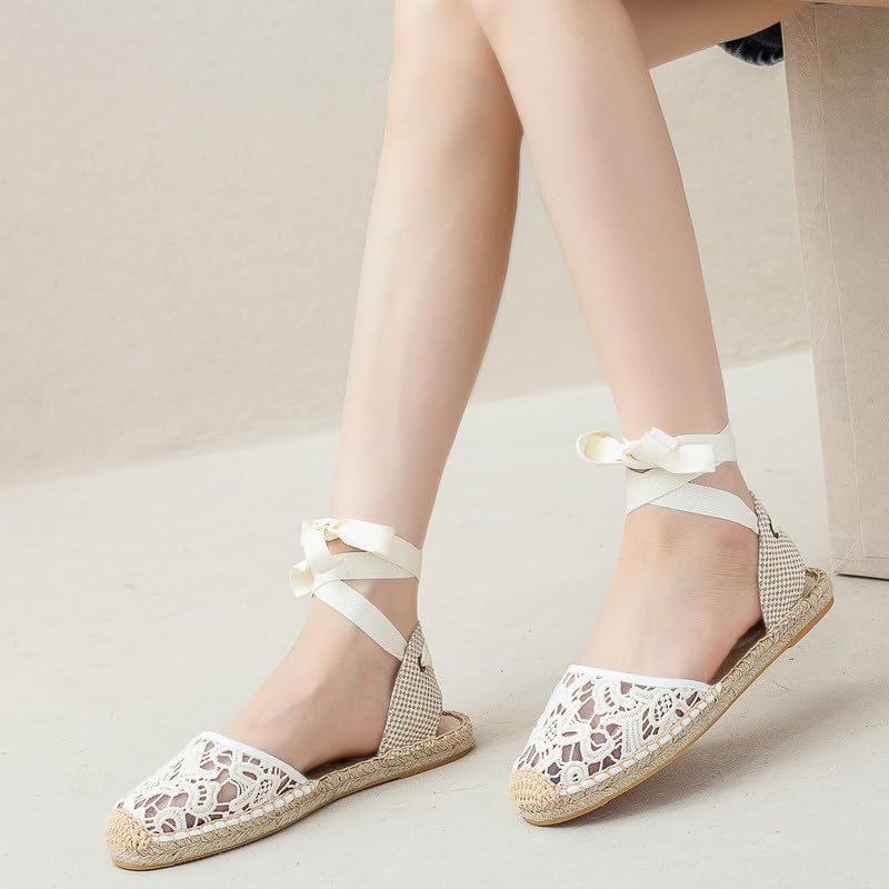 Image of Women's Espadrille FLat Sandals Closed Toe Ankle Wrap,Classic Lace Up Summer Dressy Flat Shoes