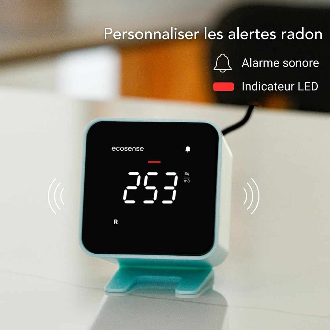 Ecosense EB100 EcoBlu, Détecteur de radon domestique, capture et affichage des résultats toutes les 10 minutes, surveillance continue à court et long terme, facile à utiliser