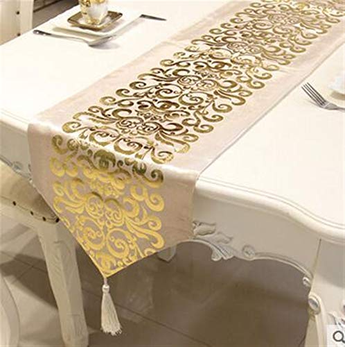 FRINZA Elegante y Lujoso Mantel de Camino de Mesa Dorado de Lujo Europeo Caminos de Mesa Bordados Caminos de Mesa de Terciopelo de Lujo Decorativos con borlas Regalos navideños(Beige,33x250cm)