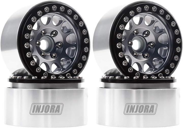 INJORA 1.9 Beadlock Wheels Rims for 1/10 RC Crawler Axial SCX10 SCX10 II 90046 Traxxas TRX4 RC4WD D90, 4Pcs/Set, Aluminum Alloy (Black&Grey)