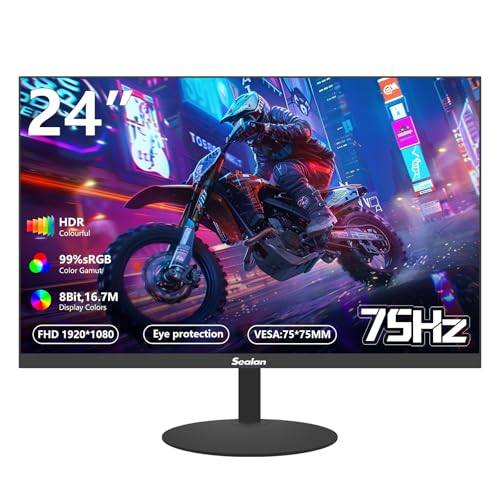 Sealan 24 inch Monitor FHD 1920x1080p 75Hz Refresh Rate 16:9 Aspect Ratio Ergonomic Tilt Home Office Gaming Monitor Sync Visual Experience for Work & Play Support Wall Mount Install