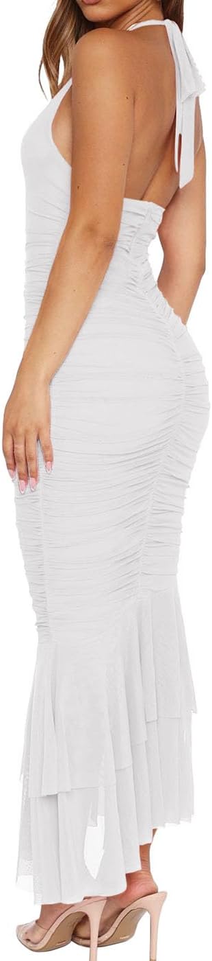 Women's Sexy V Neck Tie Halter Mesh Ruffle Hem Ruched Bodycon Cocktail Party Maxi Dresses - Image 2