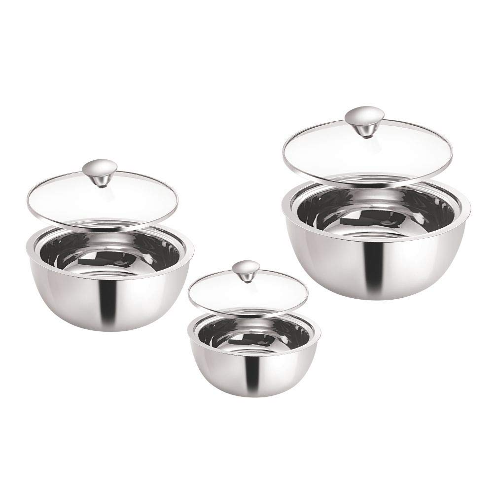 Buy Borosil Stainless Steel Curry Server (Silver, 500ml, 900ml, 1.5L) 3 Pc Set Online at Low