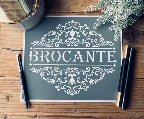 Pochoir Adhésif Vintage, Motif Brocante et Arabesques, PVC Souple, 25 x 20 cm. Style Vintage & Shabby. Multi-supports. Pochoir pour meuble, relooking, déco...