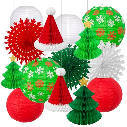14PCS Christmas Honeycomb Hanging Paper Lantern Decorations Set Pine Tree Star Christmas Hat Red Green White Snowflake Lanterns Paper Fans for Christmas Party Home Decoration Supplies
