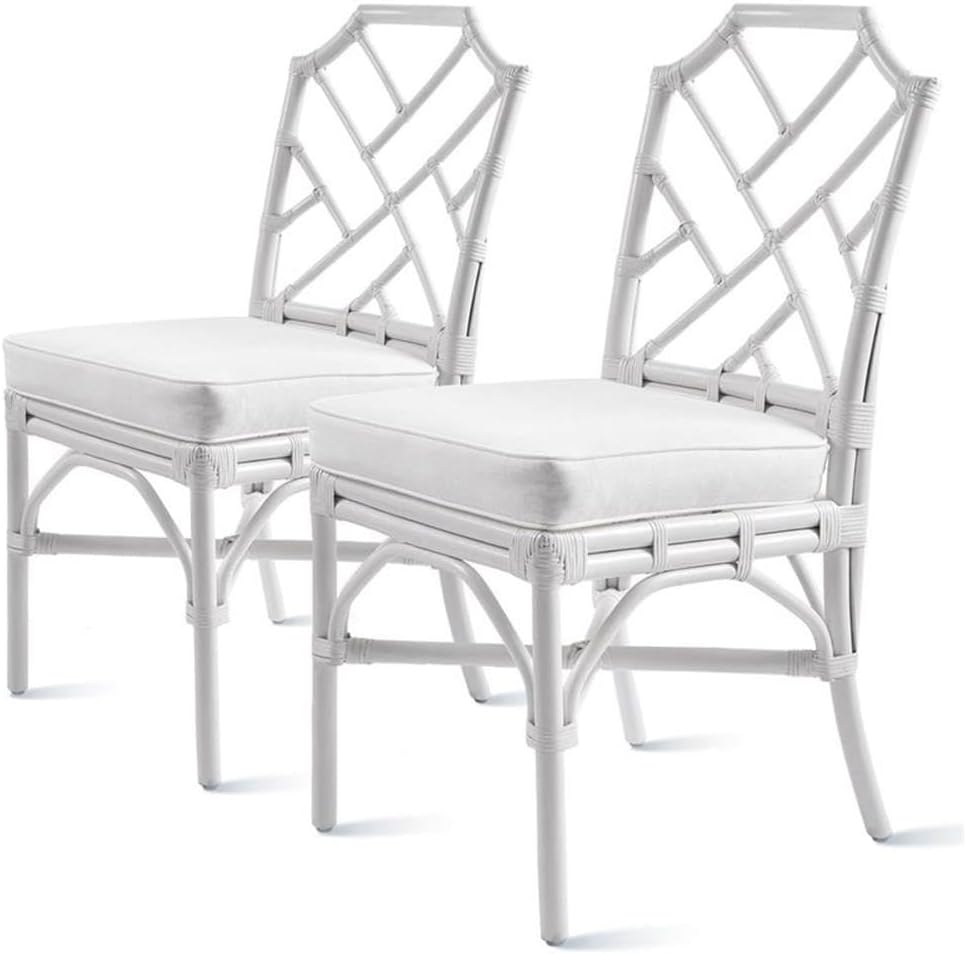 Pemberly Row 21" Coastal Rattan Dining Chairs, Off White Finish, Cotton Fabric Upholstery, Set of 2, Chippendale Style, 39.5"H x 19.5"W x 25"D, Lightweight Design for Kitchen or Dining Room Seating