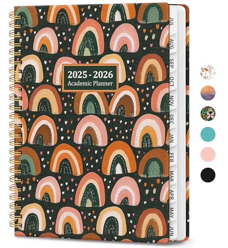 Planner 2025-2026, Academic Year Monthly and Weekly Calendar Planner, Jul 2025 - Jun 2026, Hardcover Teacher Student Planning Agenda book with Tabs, Perfect for School Office Supplies , 6.3" x 8.5" - Boho Rainbows