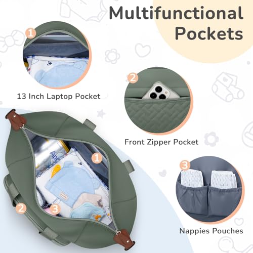 Image of Tenot Diaper Bag Tote with Pacifier Case, Baby Bag for Women with Shoulder Straps, Travel Diaper Tote for for Mom and Dad Medium Size, Green