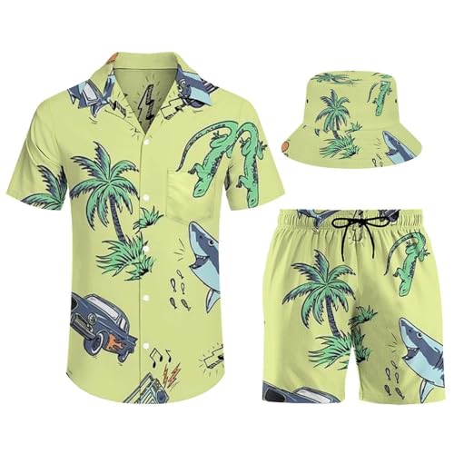 Men's Hawaiian Shirts Shark Short Sleeve Shirts Shorts Set 3 Piece Beach Hawaii Suits with Bucket Hats