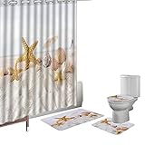 Amagical 16 Pieces Shower Curtain Set Bath Mat Set Contour Mat Toilet Cover Yellow Starfish Seashell