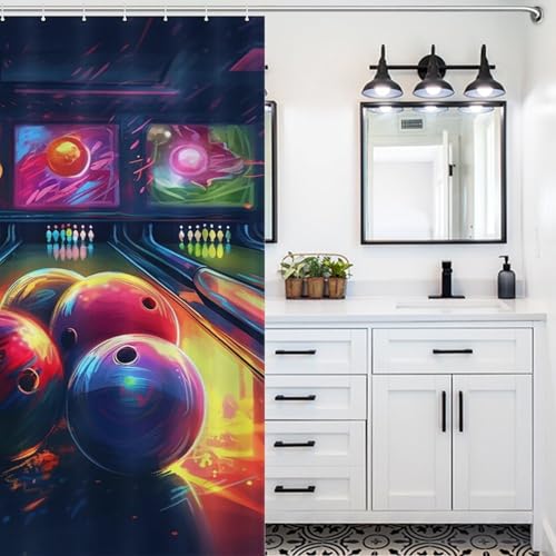 Rideau de douche tissu rustique lavable extra long 140x183 avec crochets bowling