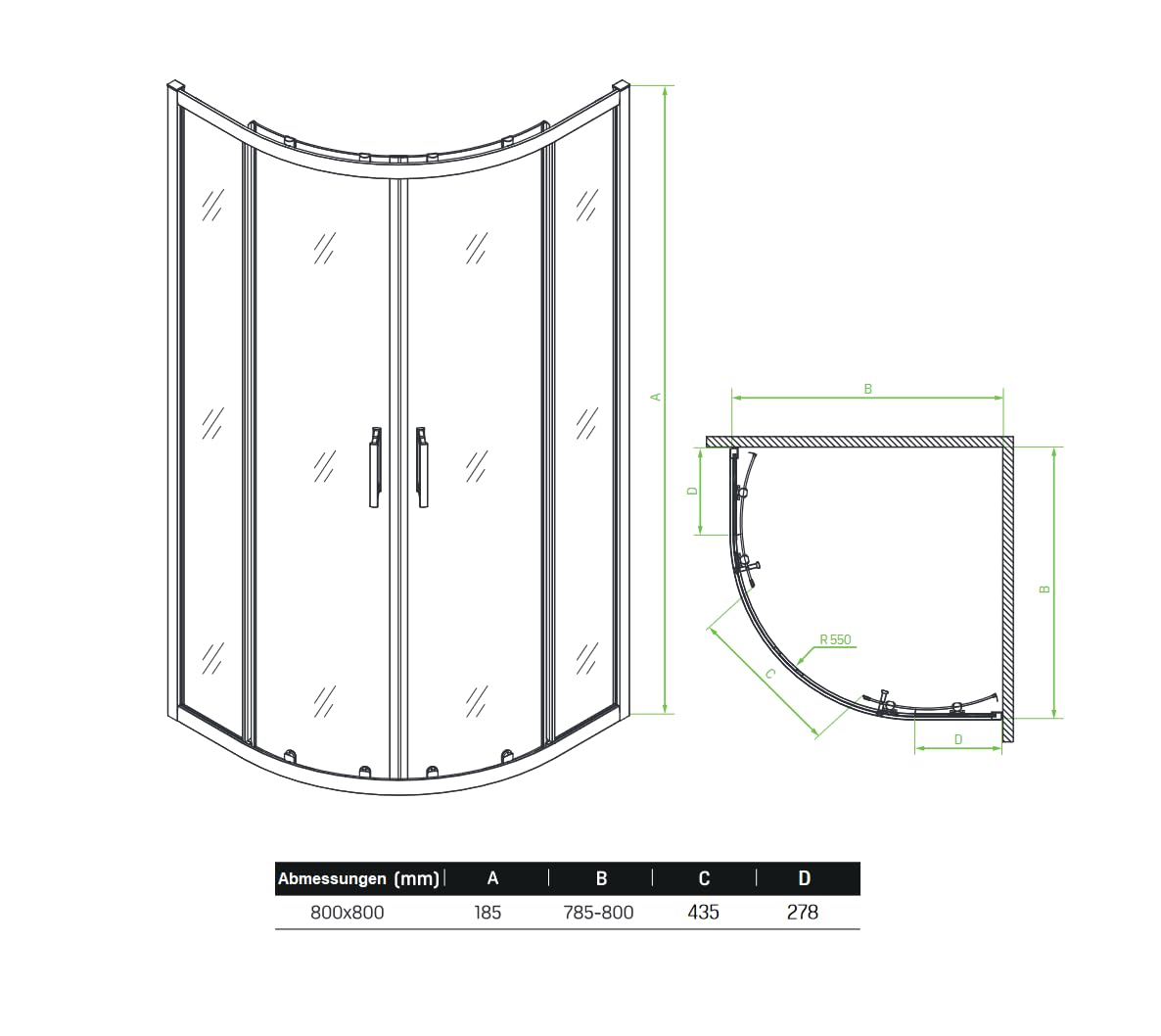 VBChome Cabina de ducha de 80 x 80 x 185 cm, color negro, cuarto de círculo, puerta corredera, mampara de ducha, cristal de seguridad transparente, mampara de ducha, cuarto de círculo, 80 x 80 cm