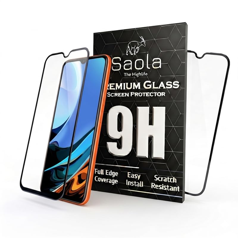 Image of Saola HD+ Oleophobic Tempered Glass Screen Protector For Redmi 9 Power (Pack Of 2) with Free Installation Kit. Full screen Coverage - 6.53 inch