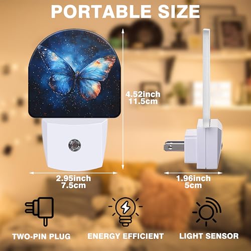 Image of Night Lights Plug into Wall Blue Butterfly with Stars Night Light Dusk to Dawn Smart Sensor Decorative Round Led Lamp for Bedroom Kitchen Hallway Nightlight for Women Men