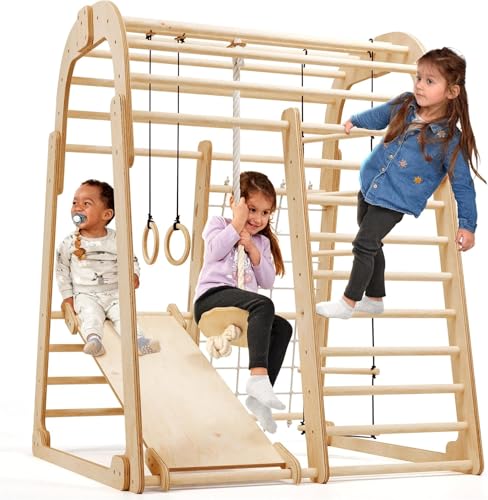 Image of Goodevas Wooden Kids Climbing Frame Indoor - Montessori Playground with Slide, Climbing Wall & Rope Ladder - Enhanced Montessori Gym for Children Ages 3 to 8