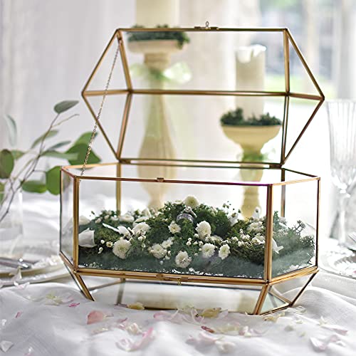 Ncyp 12.8 X 6.9 X 9Inches Gold Geometric Glass Wedding Card Box, Large Handmade Double-Sided Opening Box With Swing Lid For Display Keepsake Reception Envelope, Glass Box Only #TOP2