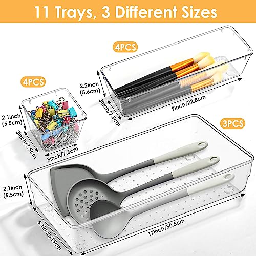 Tetutor 11 Pack Large Clear Plastic Drawer Organizer Set 12"X 6",3 Sizes Acrylic Drawer Storage Tray Dividers,Non Slip Kitchen Drawer Organizer Bins For Bathroom Makeup Cosmetics And Office #TOP1