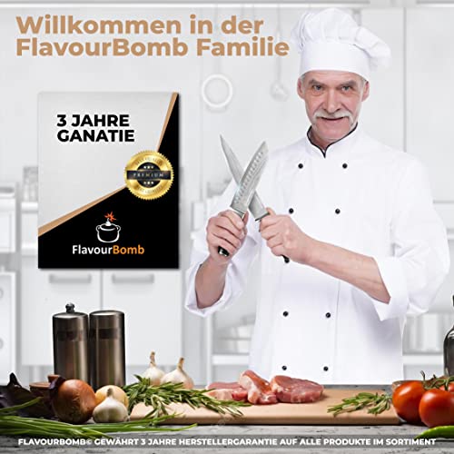 Foto von FlavourBomb Damastmesser Santoku Messer aus echtem Damaszener Stahl - Damast Küchenmesser | [18cm Klinge + Micarta Griff] | Kochmesser Profi Messer + Jetzt gratis Ebook sichern