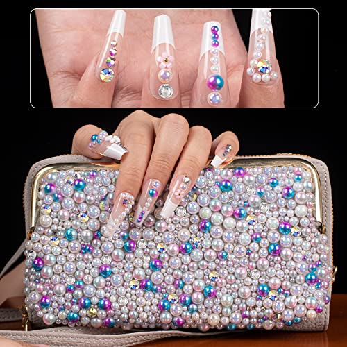 4000Pcs Flatback Rhinestones And Half Round Pearls Kit #1, Multi Size Glass Clear & Ab Crystals, Plastic Flat Back White Ab & Beige Ab Dome Bead With Pickup Pencil And Tweezer For Nail Art #TOP4