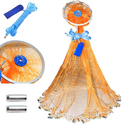 FREGITO Cast Net with Aluminum Ring, American Cast net, Hand Throwing Fishing Net with Zinc Plated Weights for Saltwater and Freshwater, 3/8 Inches Mesh?6FT?