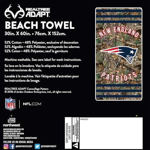 Image of Northwest NFL New England Patriots Unisex-Adult Beach Towel, 30 inch x 60 inch, Realtree Camo Stripes
