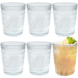 6Pack Vintage Drinking Glassware, Romantic Water Juice Glass Tumbler Cup, Clear Stackable Coffee Cocktail Bar Drinkware for Beverages, Tea, Milk, Yogurt, Whiskey, Embossed Floral Pattern