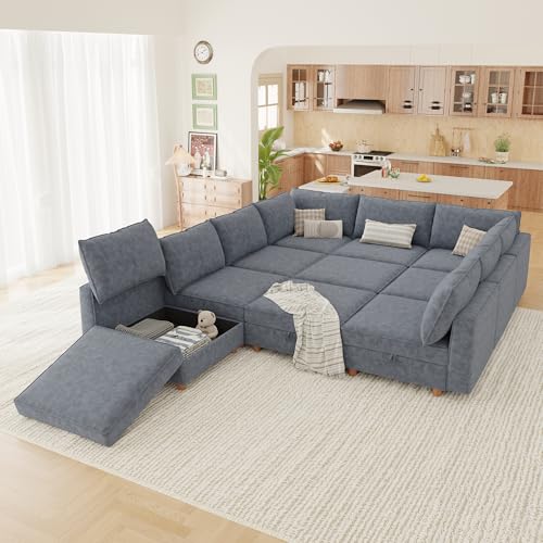 Image of 99 inch Modular Sectional Sleeper Sofa Bed with Storage & Washable Covers, 10-Seater Chenille Modular Sofa Bed with Movable Ottoman Chaise, Convertible Sleeper Sectional Couches for Living Room, Gray