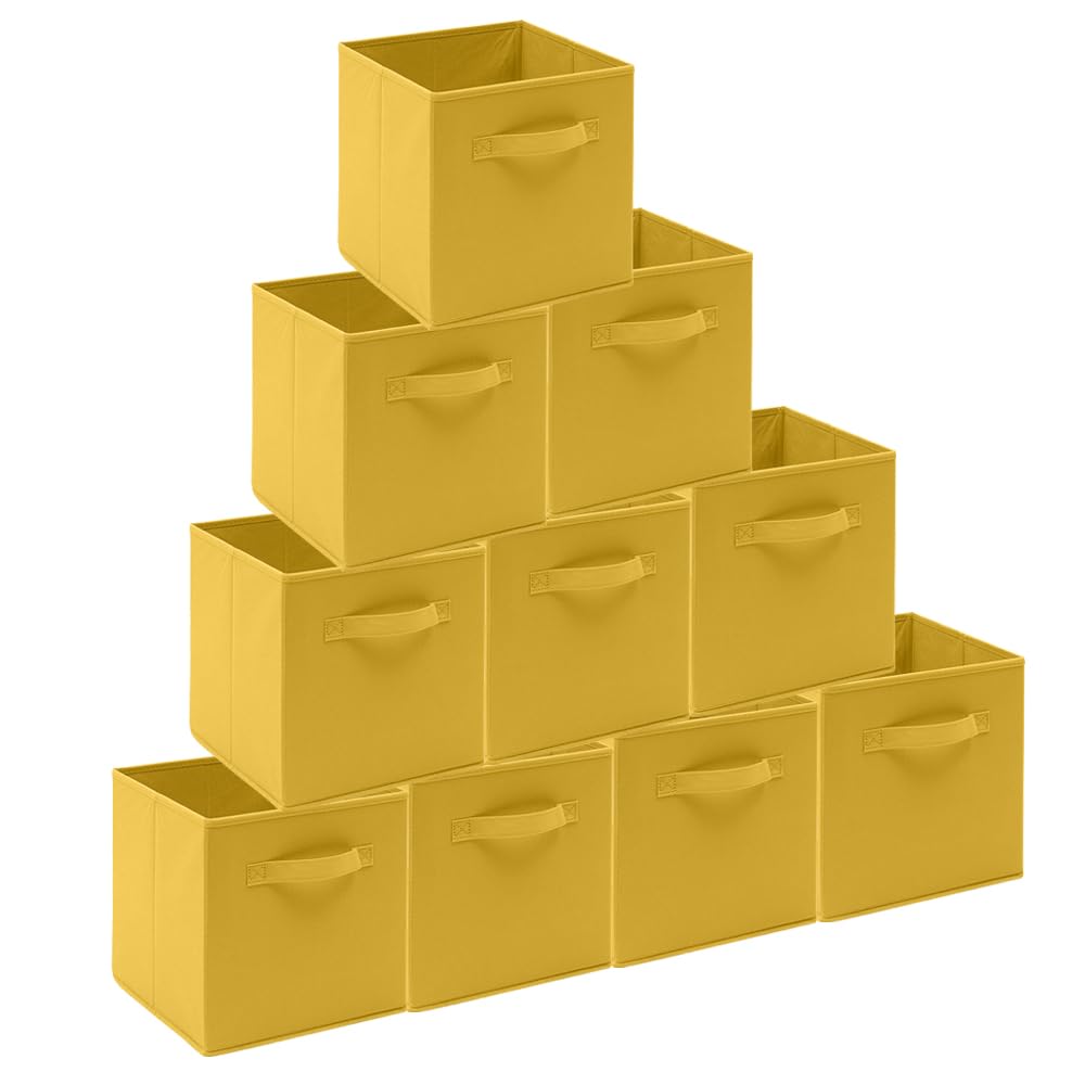 BonChoice Foldable Storage Cubes Boxes Pack of 10 with Handle for Home Organization, Fabric Wardrobe Storage Box Organizer Basket Bins for Clothes Toys, Collapsible(10, Yellow, 26.5x26.5x28cm)
