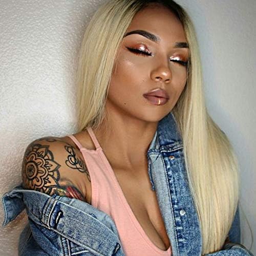 FUHSI Kanekalon Fiber Dark Roots 13×6 Lace Front Two Tone Wig–Soft&Smooth, Straight, Comfortable&Adjustable For Perfect Fit –2T613# Color Ombre Blonde 250D 22"